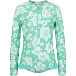 GRACE KARIN Girls One Piece Swimsuits Long Sleeve Bathing Suits Swimwear 5-14Y(Green Floral)
