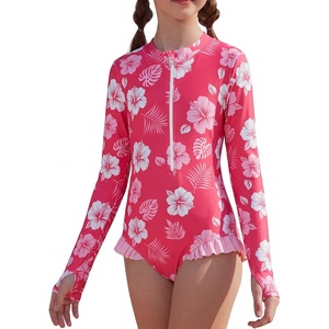 GRACE KARIN Girls One Piece Swimsuits Long Sleeve Bathing Suits Swimwear 5-14Y(Pink White Floral)