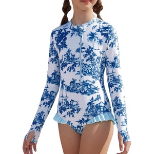 GRACE KARIN Girls One Piece Swimsuits Long Sleeve Bathing Suits Swimwear 5-14Y(White Blue Leaves)
