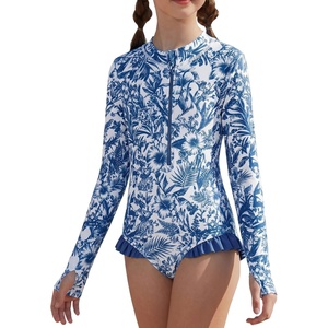 GRACE KARIN Girls One Piece Swimsuits Long Sleeve Bathing Suits Swimwear 5-14Y(White Gray Blue Floral)