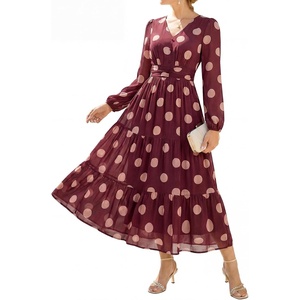 GRACE KARIN Women’s Floral Long Sleeve Dress,Elegance Wedding Guest Dresses,V Neck Flowy Boho Maxi Dress with Pocket(Red Brown With Beige Polka Dots)