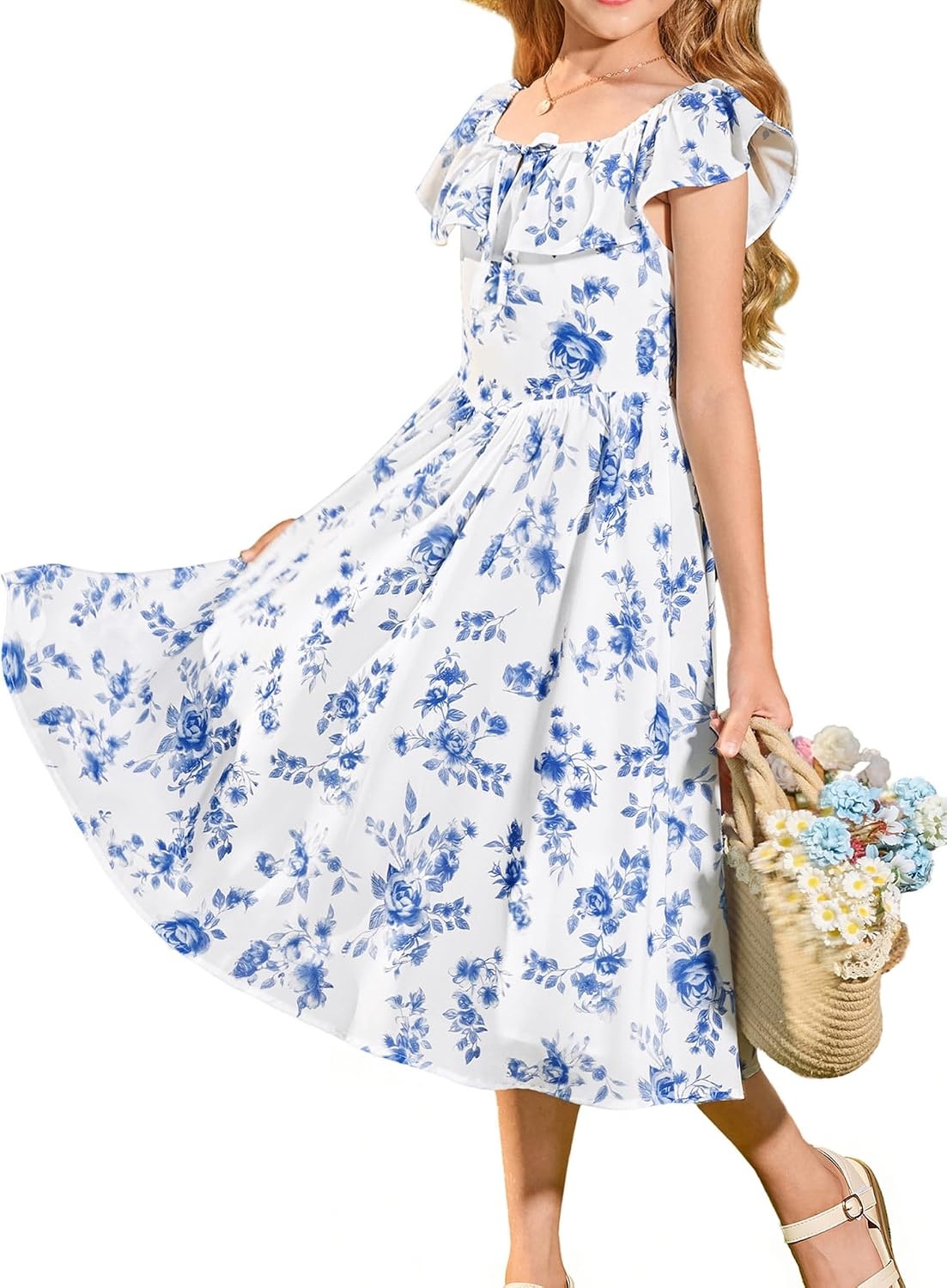 image:imageGRACE KARIN Girls Floral Dress Summer Midi Dress Off Shoulder Ruffle Spring Long DressesBlue Flower