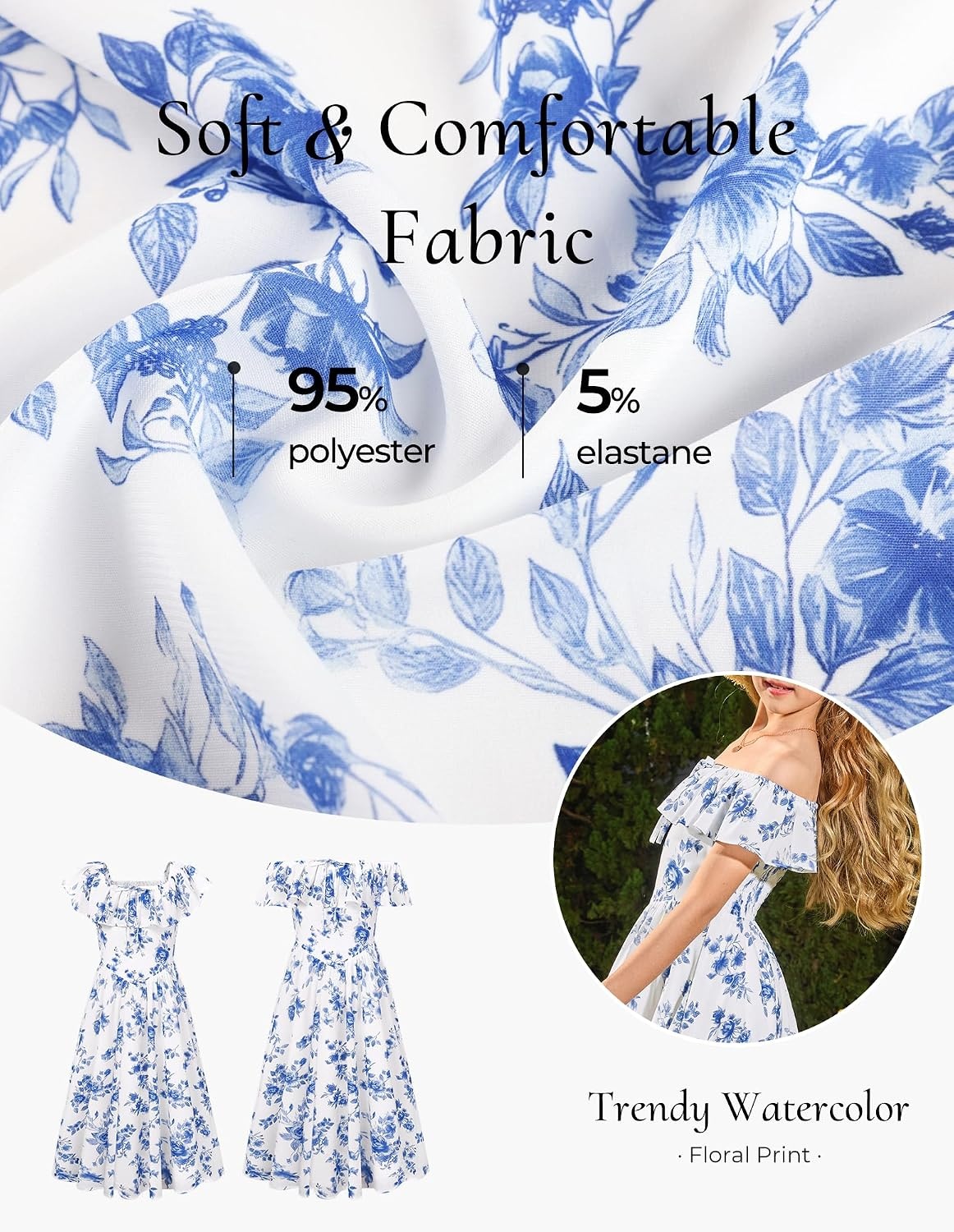 image:imageGRACE KARIN Girls Floral Dress Summer Midi Dress Off Shoulder Ruffle Spring Long DressesBlue Flower