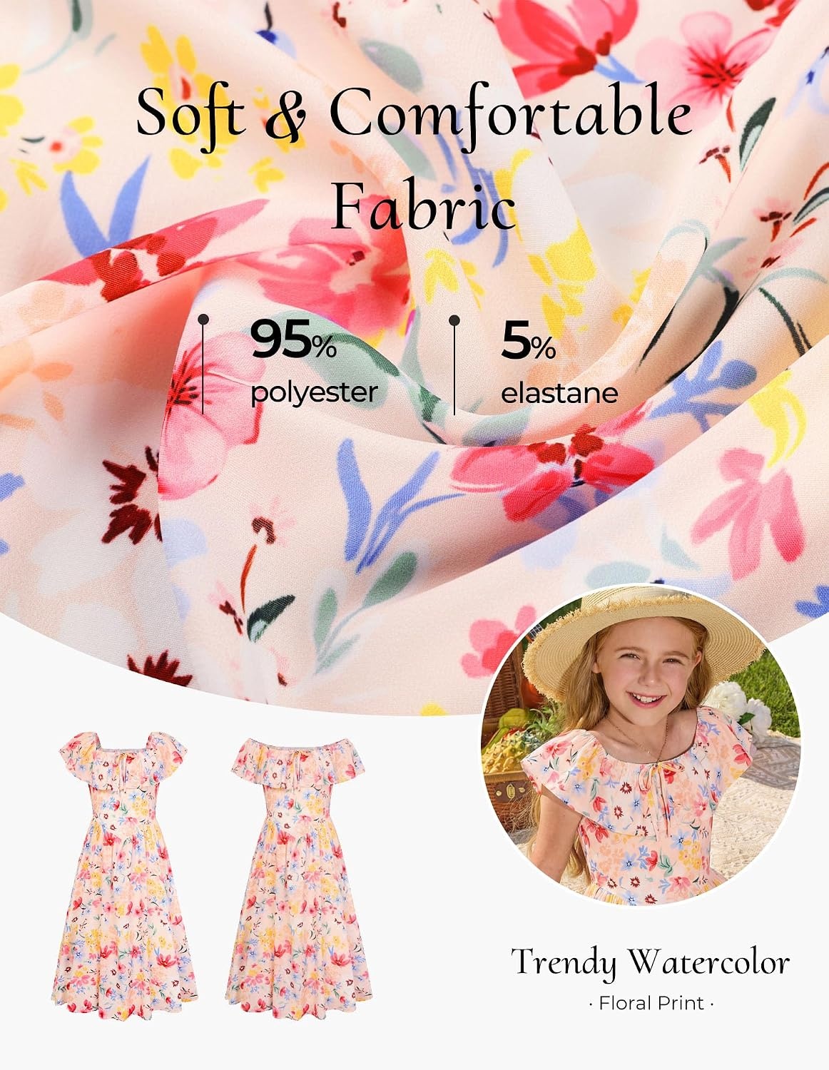 image:imageGRACE KARIN Girls Floral Dress Summer Midi Dress Off Shoulder Ruffle Spring Long DressesColorful Flowers
