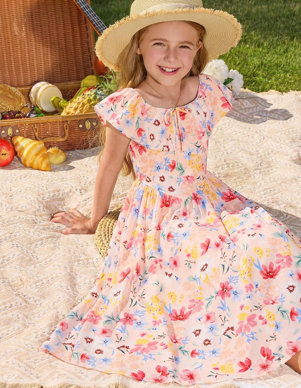 image:imageGRACE KARIN Girls Floral Dress Summer Midi Dress Off Shoulder Ruffle Spring Long DressesColorful Flowers