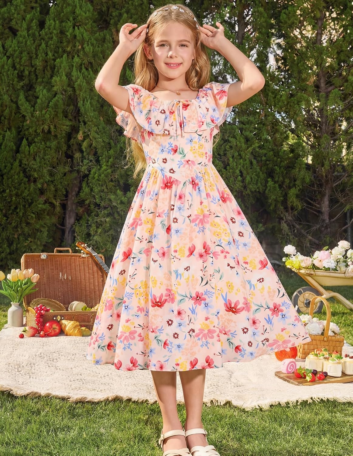 image:imageGRACE KARIN Girls Floral Dress Summer Midi Dress Off Shoulder Ruffle Spring Long DressesColorful Flowers