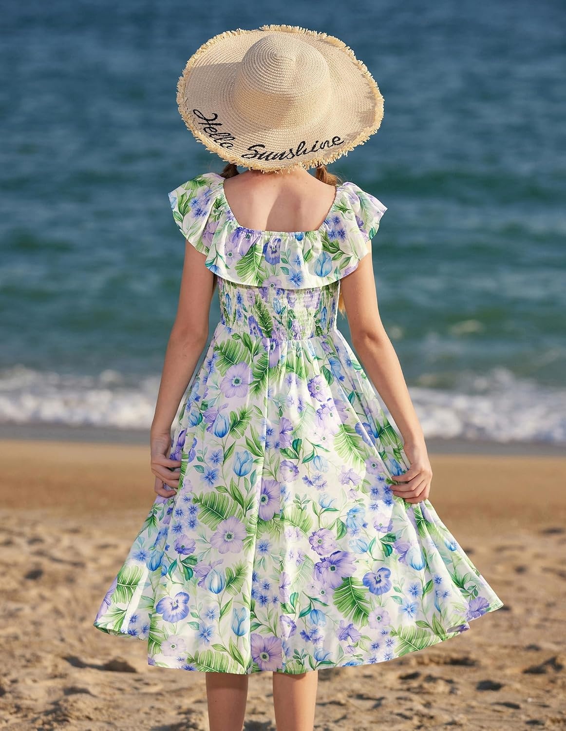 image:imageGRACE KARIN Girls Floral Dress Summer Midi Dress Off Shoulder Ruffle Spring Long DressesGreen Flower