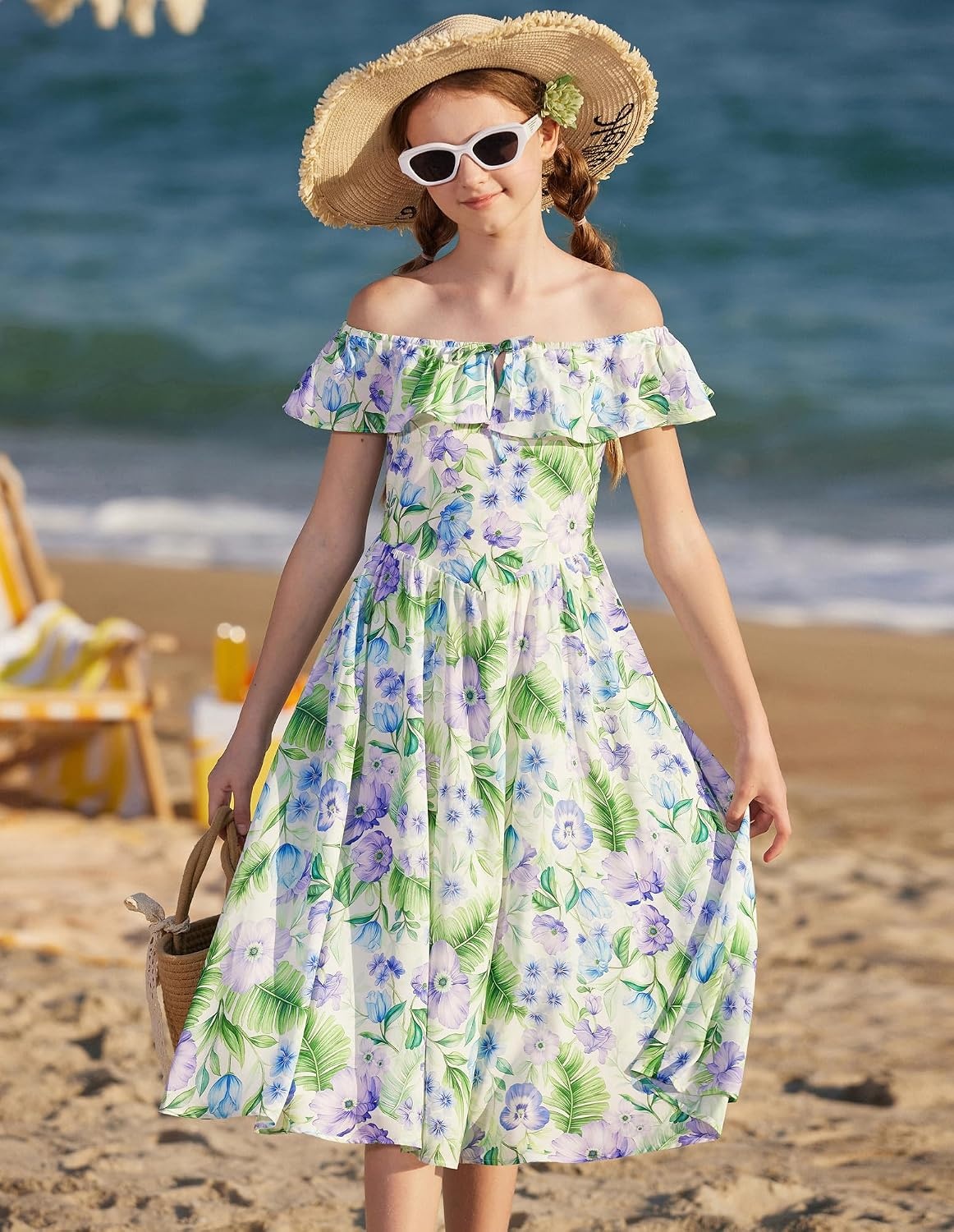 image:imageGRACE KARIN Girls Floral Dress Summer Midi Dress Off Shoulder Ruffle Spring Long DressesGreen Flower