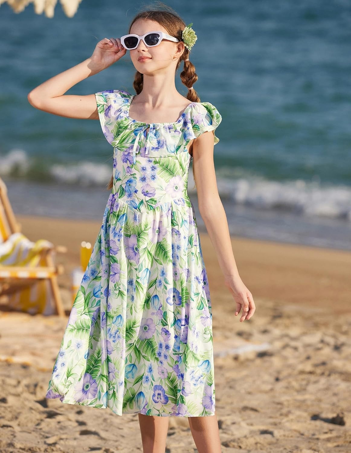 image:imageGRACE KARIN Girls Floral Dress Summer Midi Dress Off Shoulder Ruffle Spring Long DressesGreen Flower