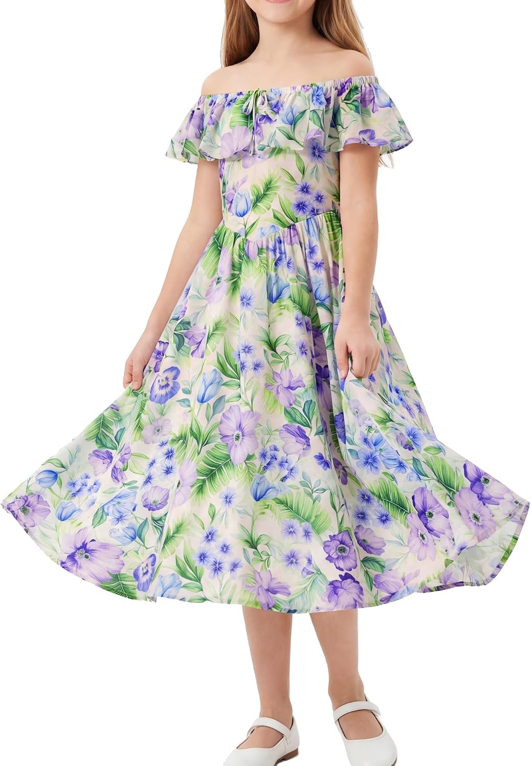image:imageGRACE KARIN Girls Floral Dress Summer Midi Dress Off Shoulder Ruffle Spring Long DressesGreen Flower