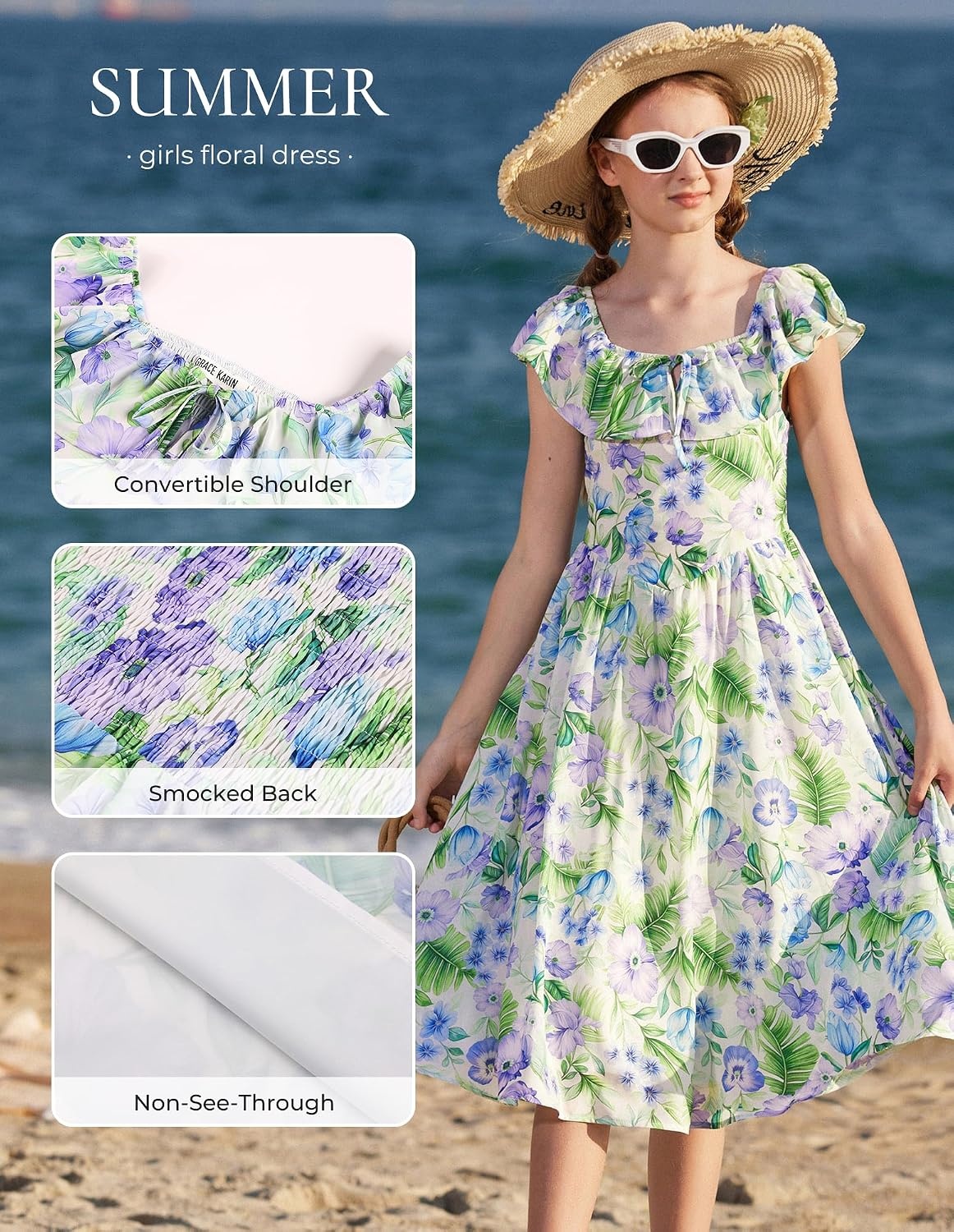 image:imageGRACE KARIN Girls Floral Dress Summer Midi Dress Off Shoulder Ruffle Spring Long DressesGreen Flower