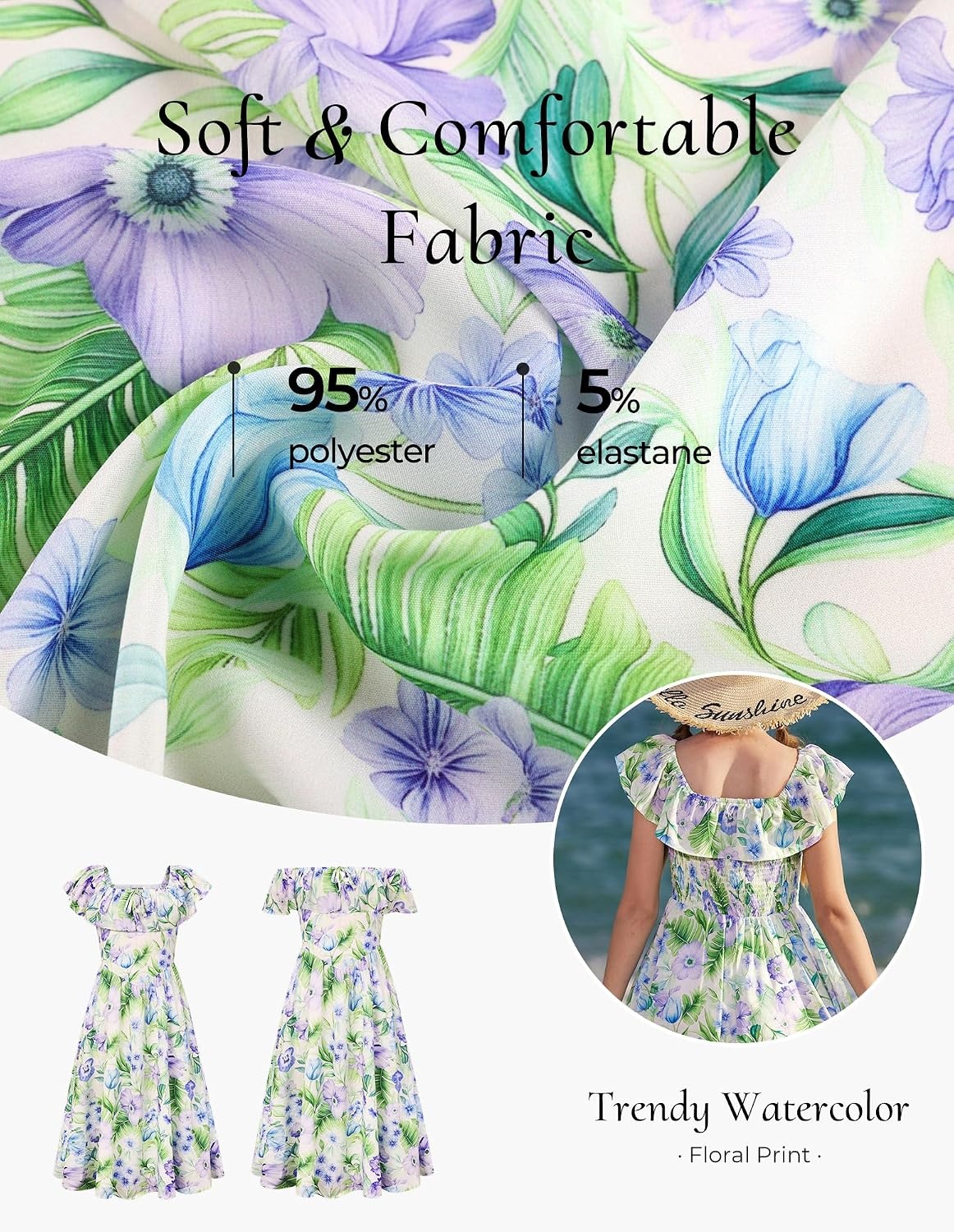 image:imageGRACE KARIN Girls Floral Dress Summer Midi Dress Off Shoulder Ruffle Spring Long DressesGreen Flower