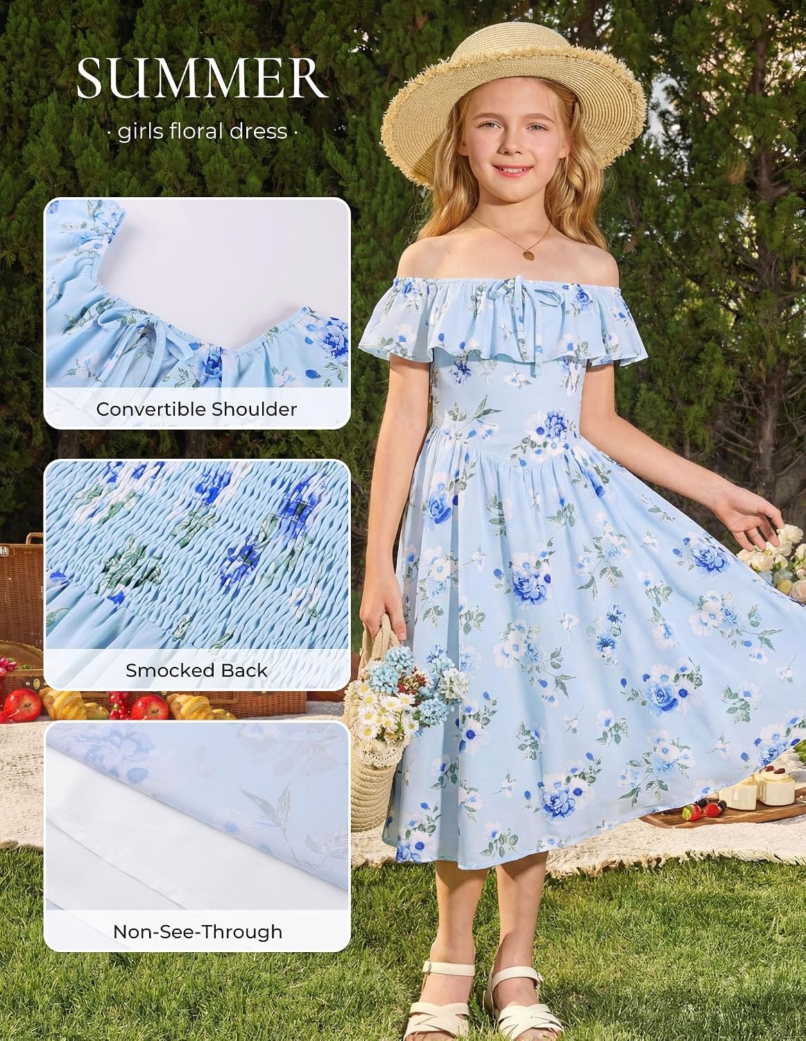 image:imageGRACE KARIN Girls Floral Dress Summer Midi Dress Off Shoulder Ruffle Spring Long DressesLight Blue Flower