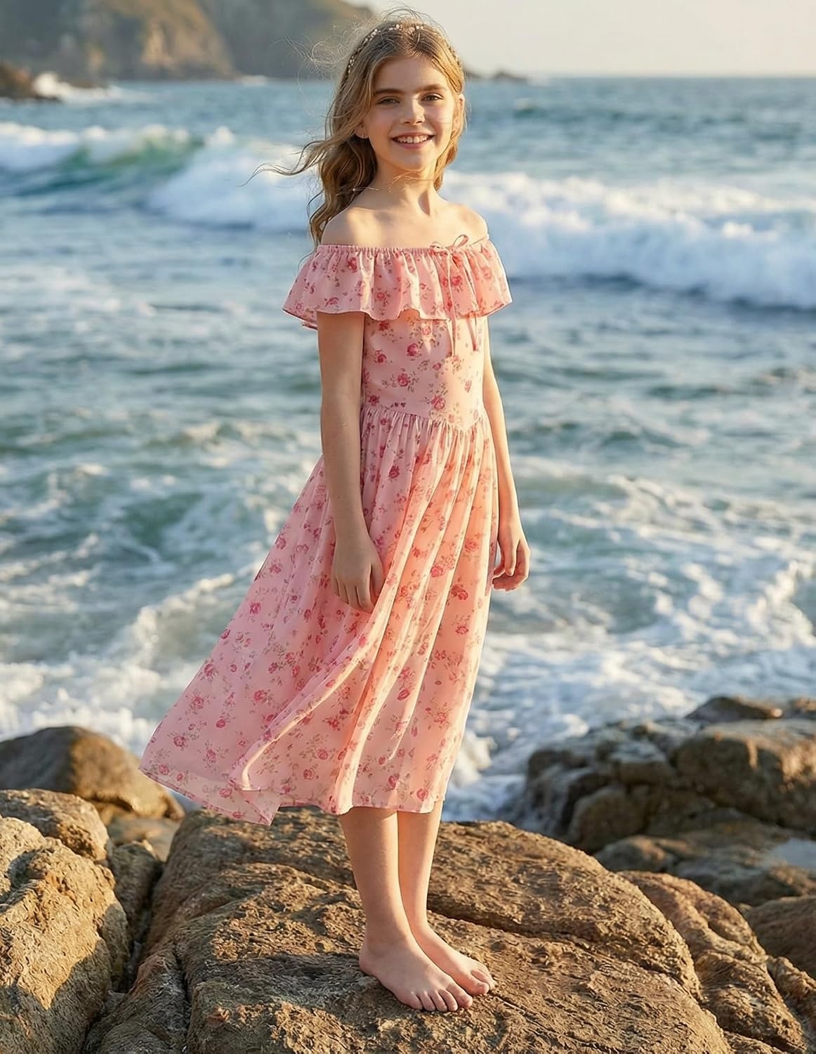 image:imageGRACE KARIN Girls Floral Dress Summer Midi Dress Off Shoulder Ruffle Spring Long DressesPink Flower