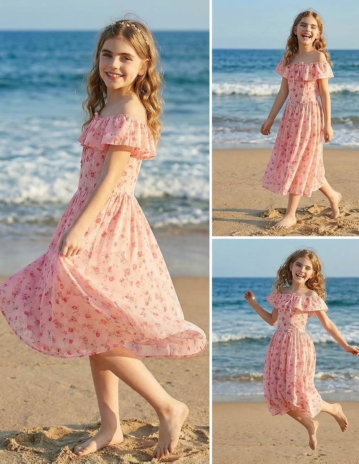 image:imageGRACE KARIN Girls Floral Dress Summer Midi Dress Off Shoulder Ruffle Spring Long DressesPink Flower
