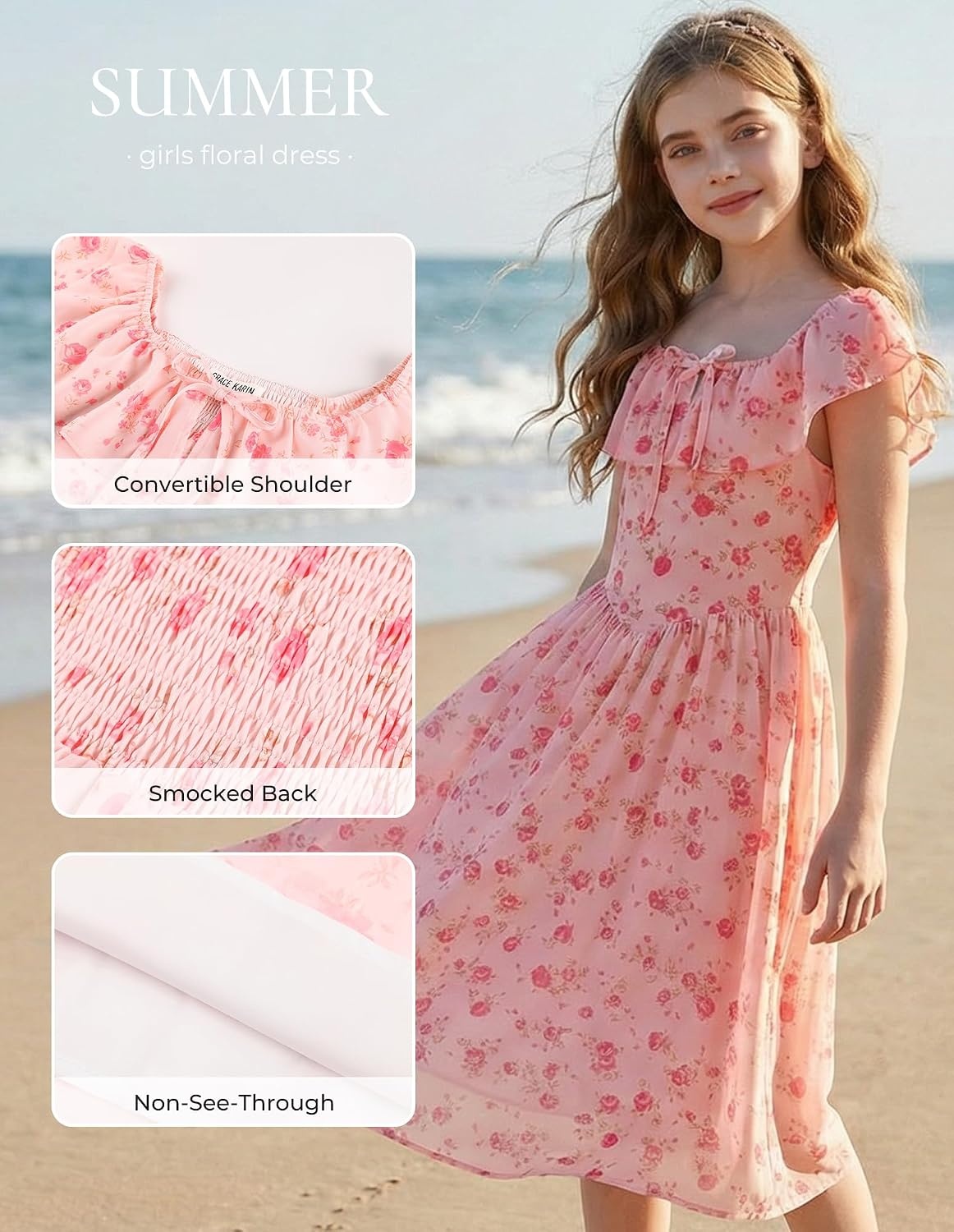 image:imageGRACE KARIN Girls Floral Dress Summer Midi Dress Off Shoulder Ruffle Spring Long DressesPink Flower