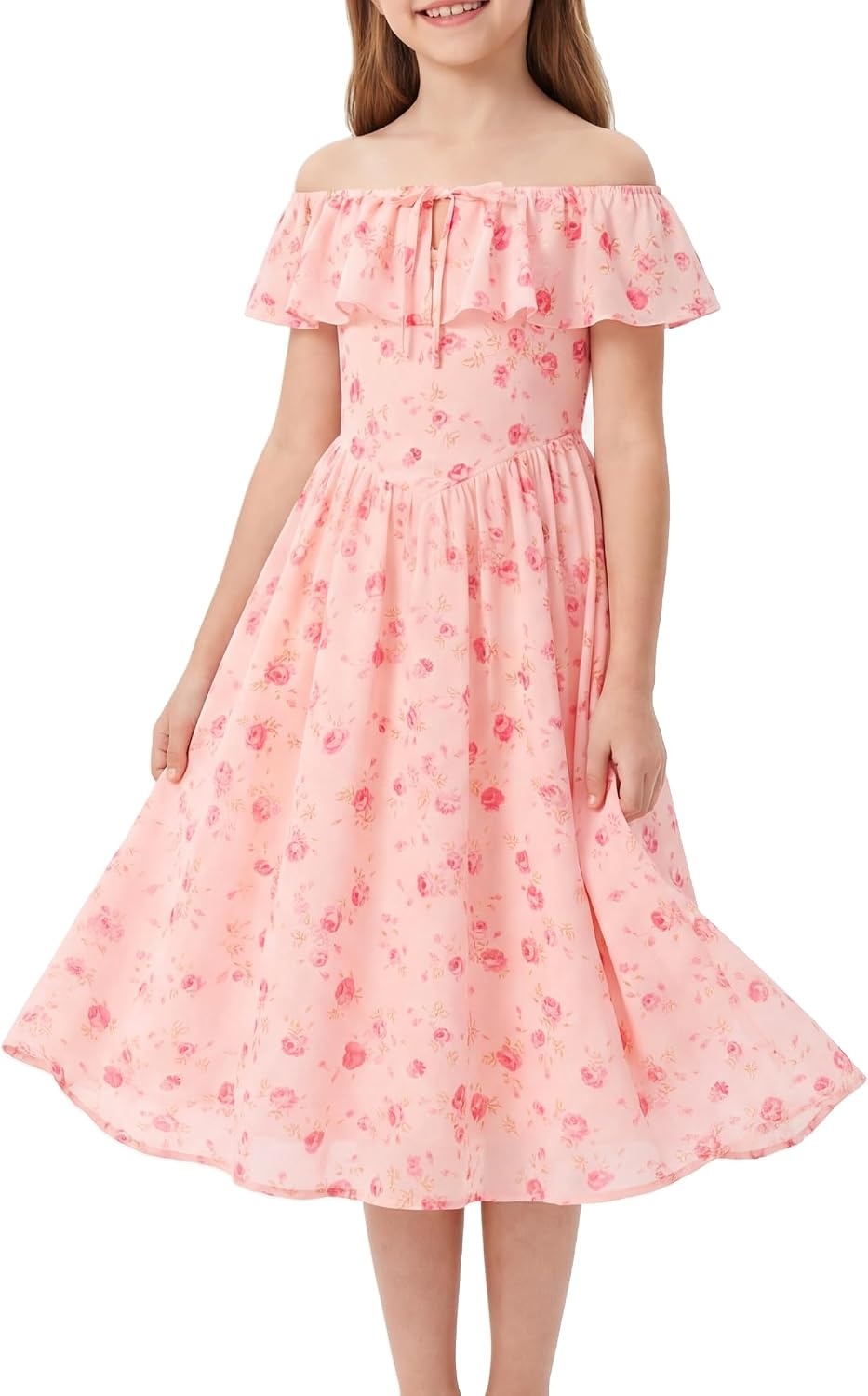 image:imageGRACE KARIN Girls Floral Dress Summer Midi Dress Off Shoulder Ruffle Spring Long DressesPink Flower