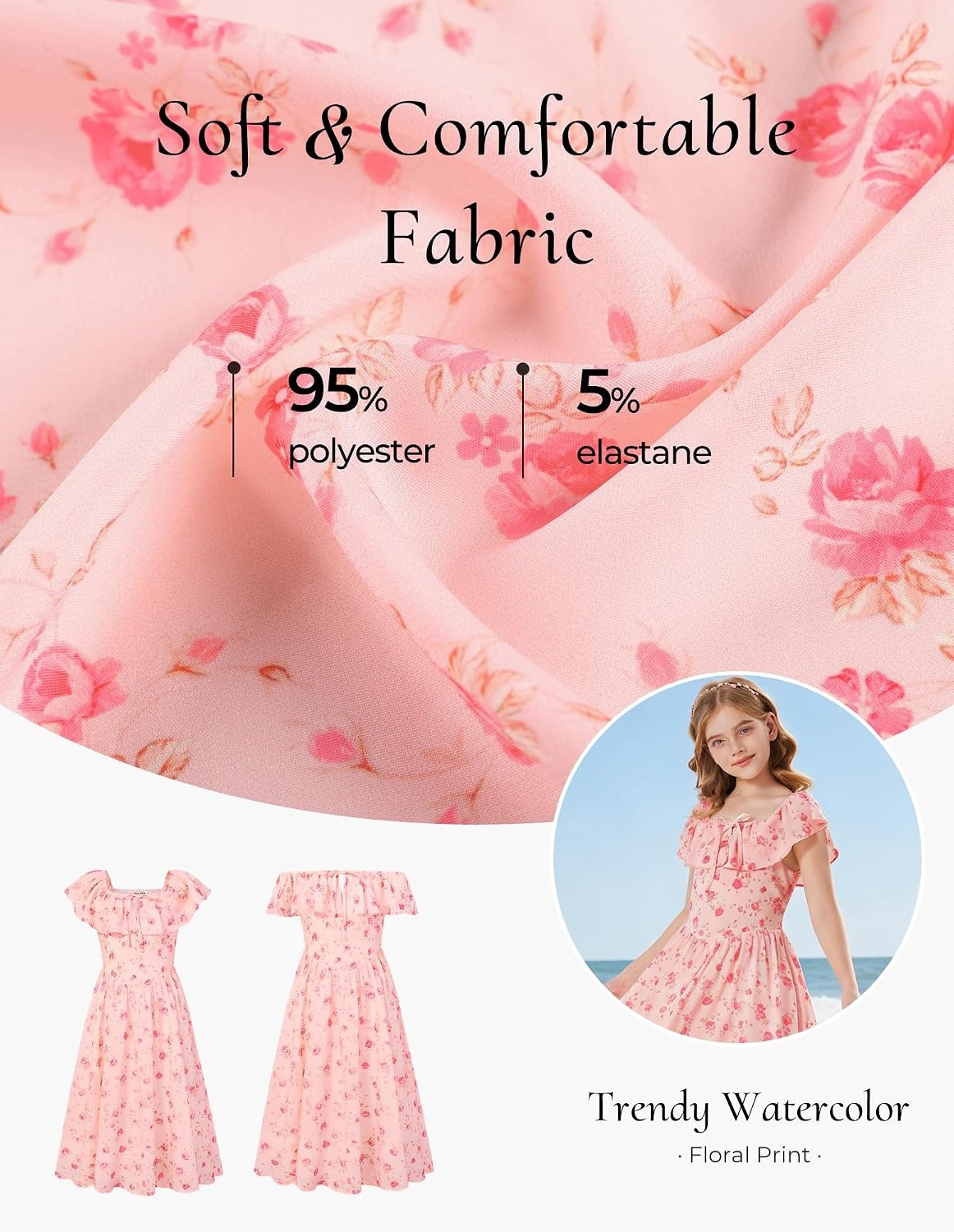 image:imageGRACE KARIN Girls Floral Dress Summer Midi Dress Off Shoulder Ruffle Spring Long DressesPink Flower