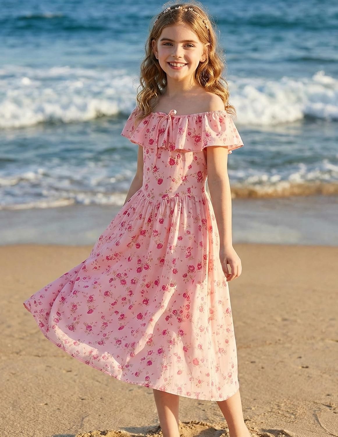 image:imageGRACE KARIN Girls Floral Dress Summer Midi Dress Off Shoulder Ruffle Spring Long DressesPink Flower