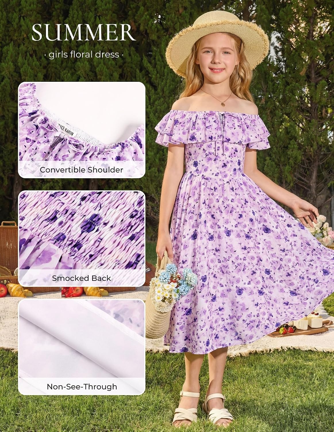 image:imageGRACE KARIN Girls Floral Dress Summer Midi Dress Off Shoulder Ruffle Spring Long DressesPurple Flower