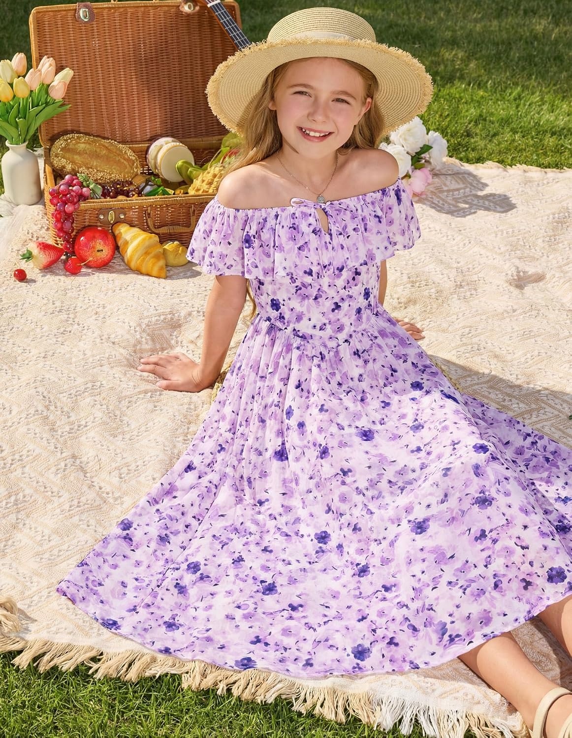 image:imageGRACE KARIN Girls Floral Dress Summer Midi Dress Off Shoulder Ruffle Spring Long DressesPurple Flower