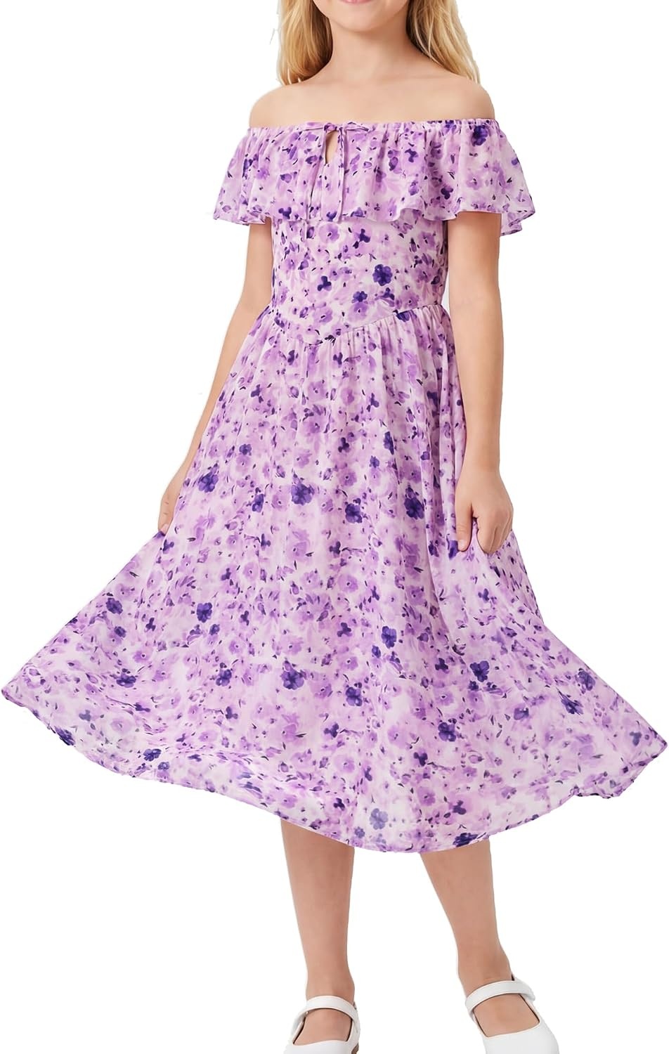 image:imageGRACE KARIN Girls Floral Dress Summer Midi Dress Off Shoulder Ruffle Spring Long DressesPurple Flower