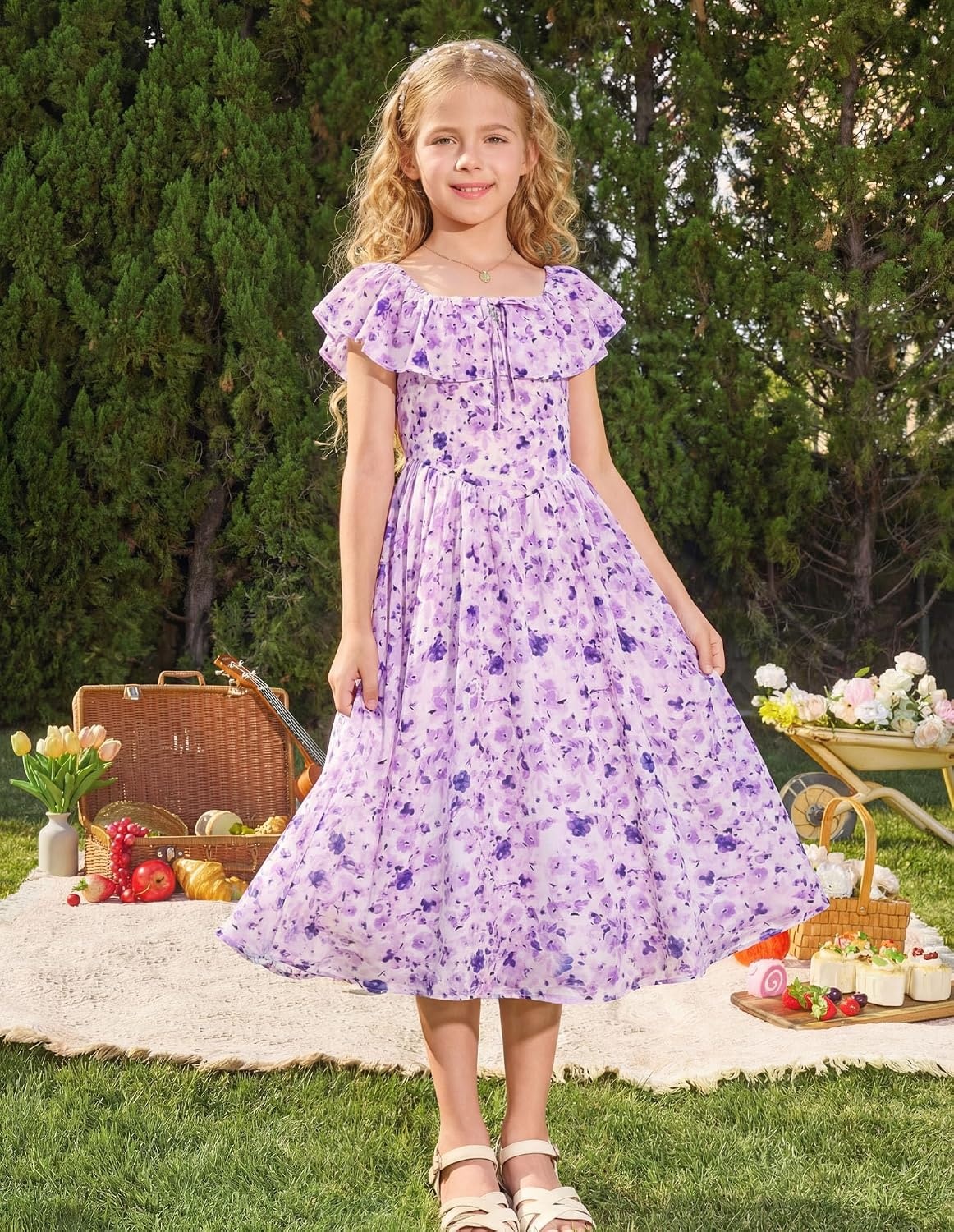 image:imageGRACE KARIN Girls Floral Dress Summer Midi Dress Off Shoulder Ruffle Spring Long DressesPurple Flower