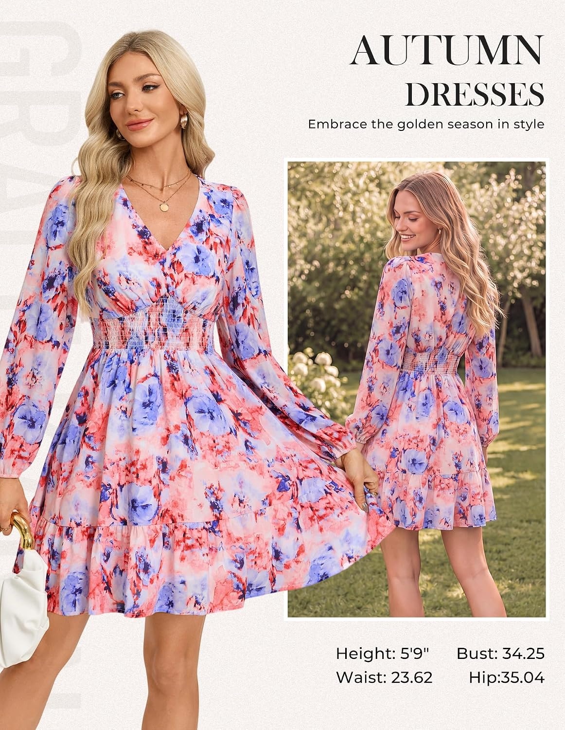 image:imageGRACE KARIN Summer Floral Mini Dress 2026 Fall Long Sleeve Wedding Guest Dress A Line Flowy Boho Short Dresses with PocketsBlue Red Floral