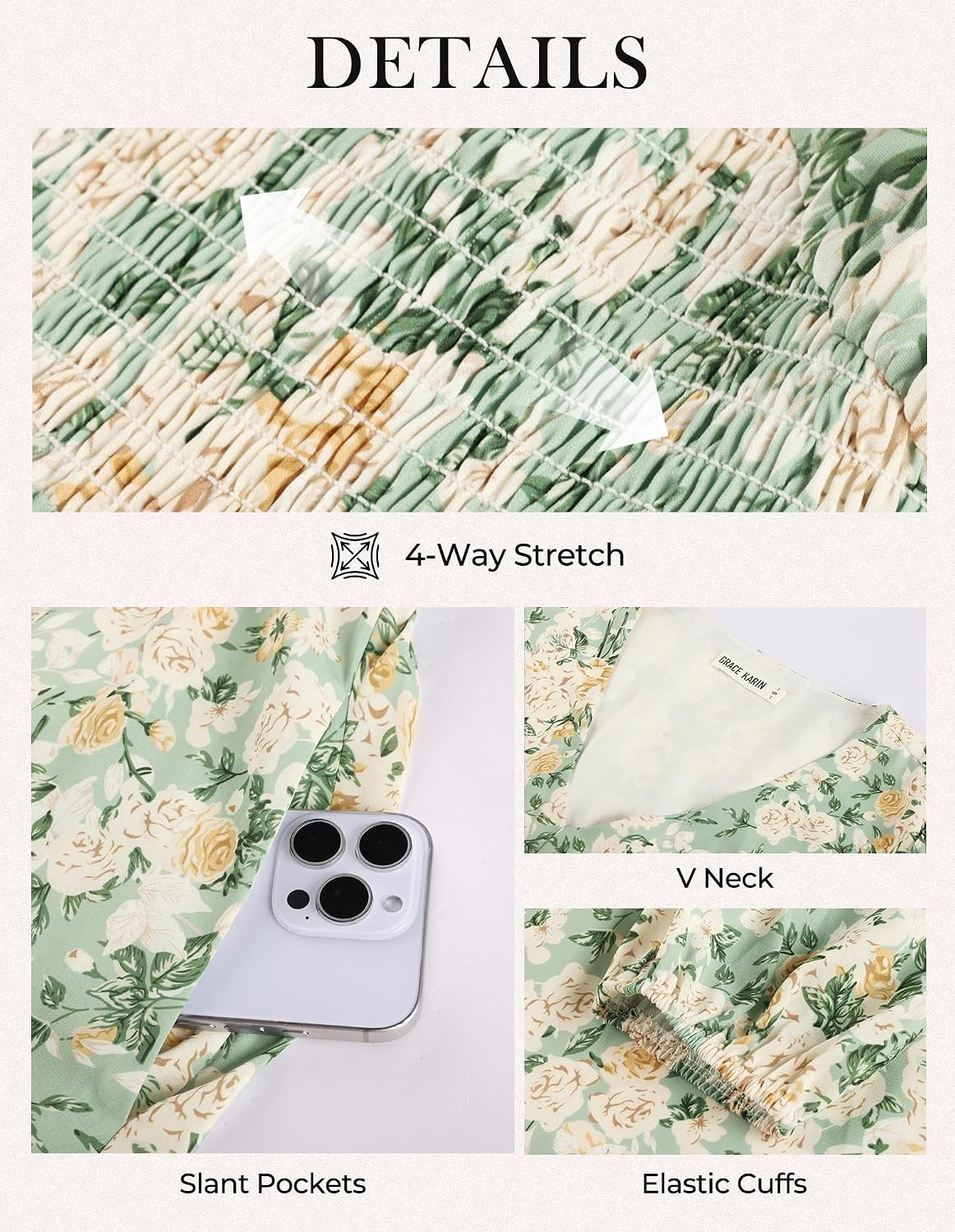 image:imageGRACE KARIN Summer Floral Mini Dress 2026 Fall Long Sleeve Wedding Guest Dress A Line Flowy Boho Short Dresses with PocketsGreen White Floral
