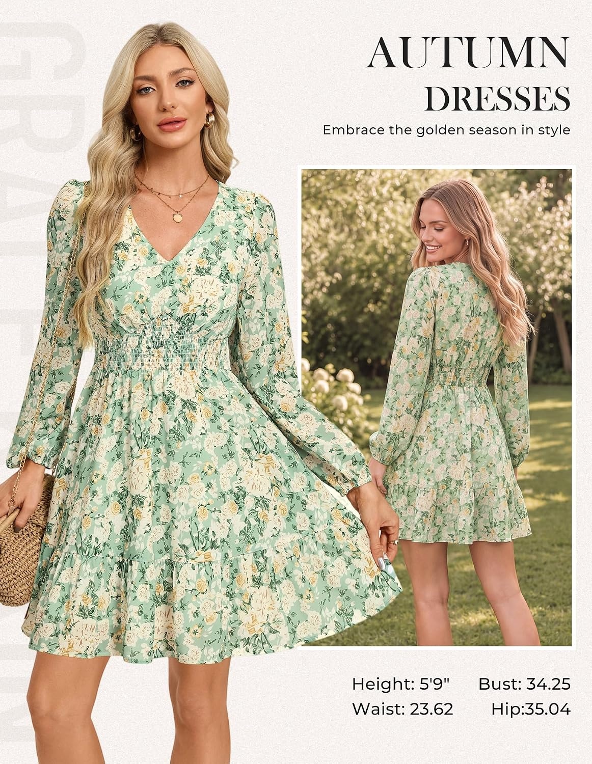 image:imageGRACE KARIN Summer Floral Mini Dress 2026 Fall Long Sleeve Wedding Guest Dress A Line Flowy Boho Short Dresses with PocketsGreen White Floral