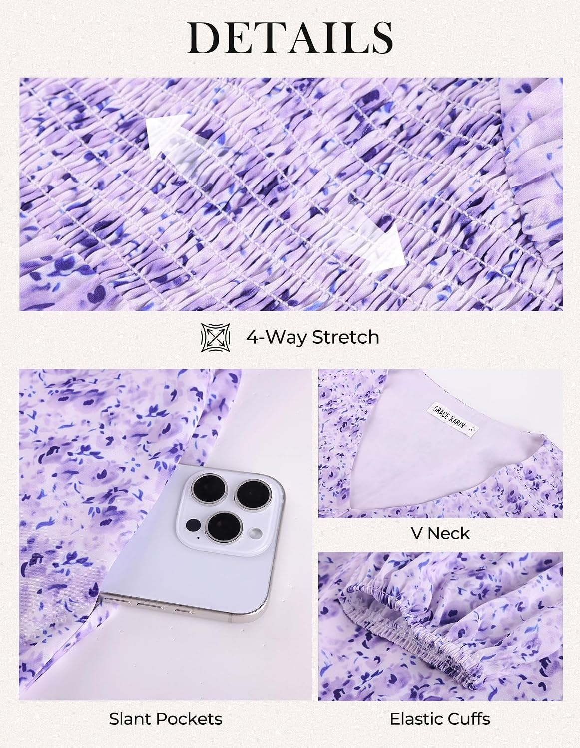 image:imageGRACE KARIN Summer Floral Mini Dress 2026 Fall Long Sleeve Wedding Guest Dress A Line Flowy Boho Short Dresses with PocketsPurple Floral