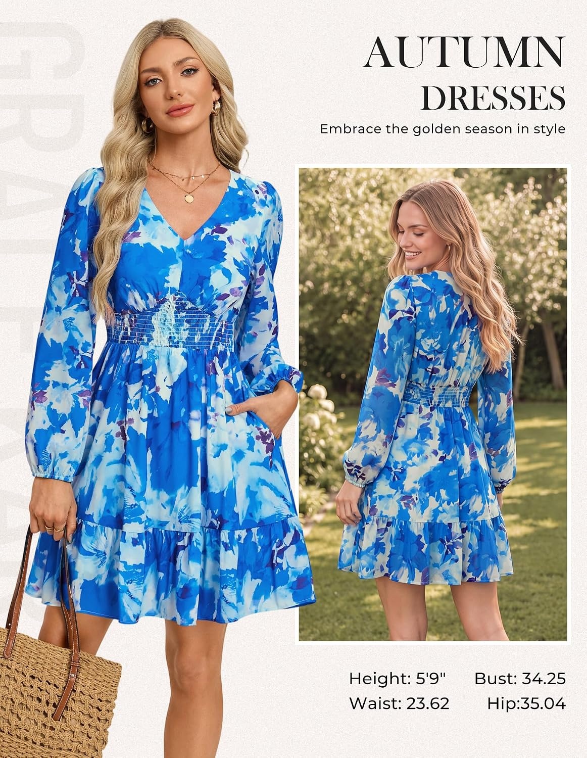 image:imageGRACE KARIN Summer Floral Mini Dress 2026 Fall Long Sleeve Wedding Guest Dress A Line Flowy Boho Short Dresses with PocketsSky Blue Floral