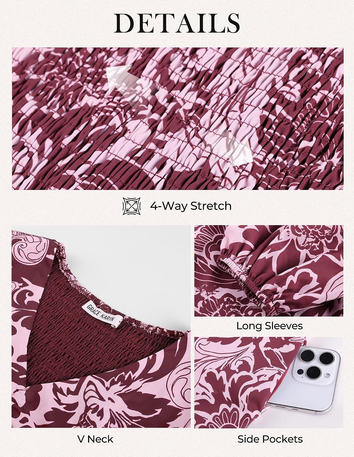 image:imageGRACE KARIN Womens Fall Wedding Guest Dresses 2026 Floral Long Sleeve V Neck Maxi Dress Boho Flowy Outfit with PocketsWine Red Floral