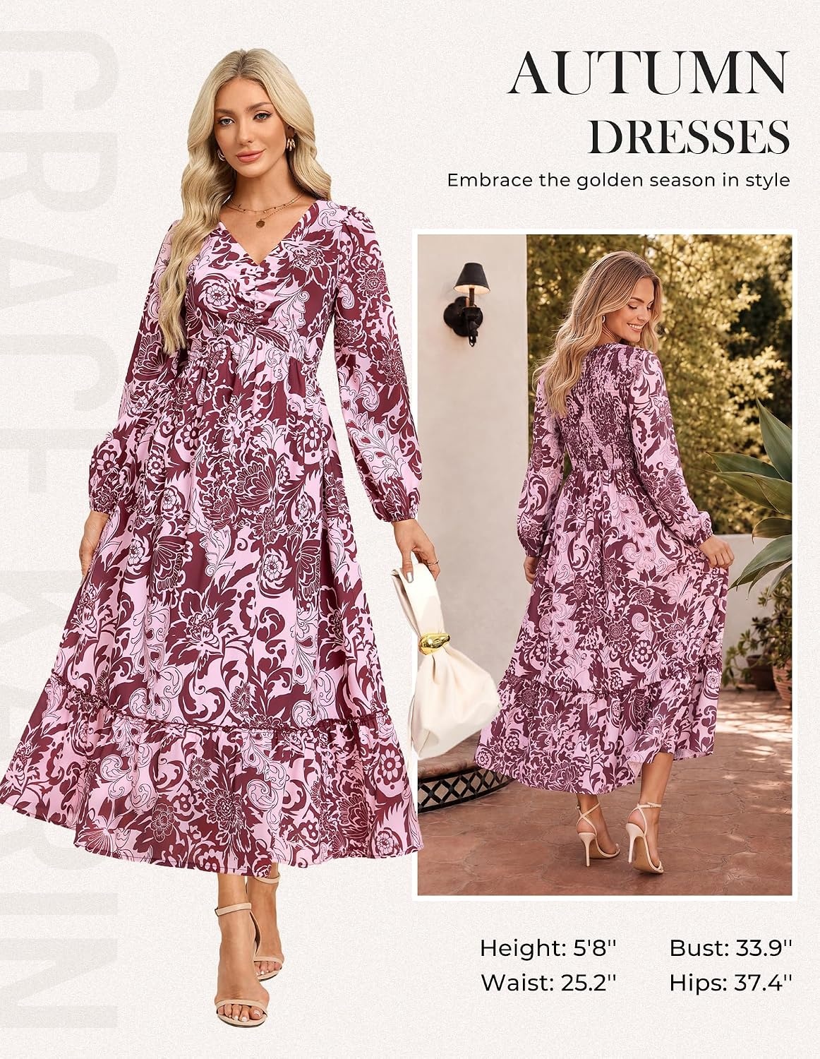 image:imageGRACE KARIN Womens Fall Wedding Guest Dresses 2026 Floral Long Sleeve V Neck Maxi Dress Boho Flowy Outfit with PocketsWine Red Floral