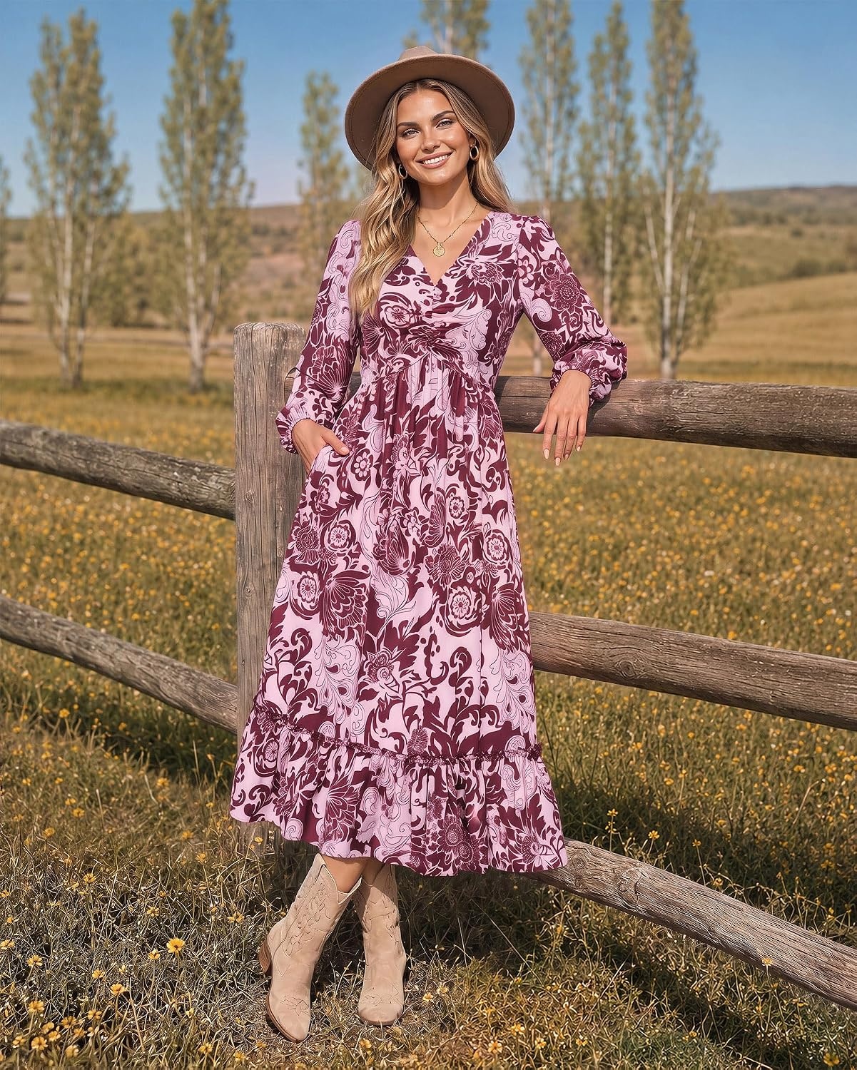 image:imageGRACE KARIN Womens Fall Wedding Guest Dresses 2026 Floral Long Sleeve V Neck Maxi Dress Boho Flowy Outfit with PocketsWine Red Floral