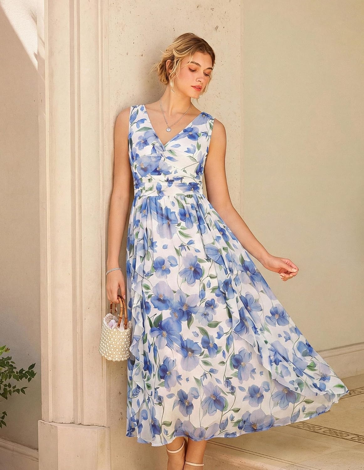 image:imageGRACE KARIN Womens Summer Sleeveless Floral Maxi Dress V Neck Formal Wedding Guest Dress A Line Beach Vacation ClothesLight Blue Floral