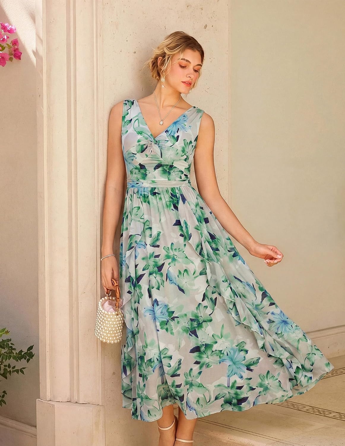 image:imageGRACE KARIN Womens Summer Sleeveless Floral Maxi Dress V Neck Formal Wedding Guest Dress A Line Beach Vacation ClothesLight Green Floral