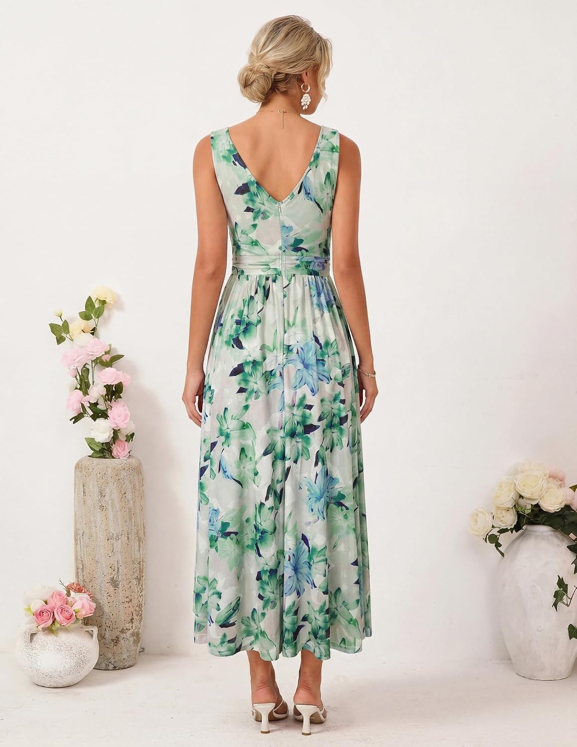 image:imageGRACE KARIN Womens Summer Sleeveless Floral Maxi Dress V Neck Formal Wedding Guest Dress A Line Beach Vacation ClothesLight Green Floral