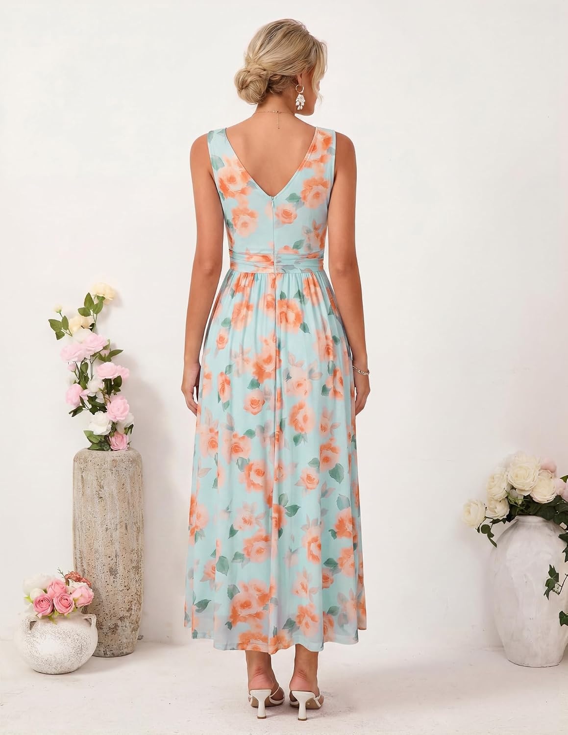 image:imageGRACE KARIN Womens Summer Sleeveless Floral Maxi Dress V Neck Formal Wedding Guest Dress A Line Beach Vacation ClothesOrange Blue