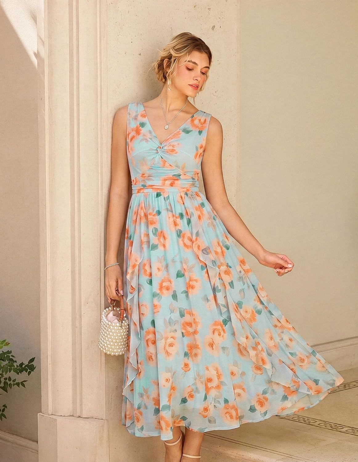 image:imageGRACE KARIN Womens Summer Sleeveless Floral Maxi Dress V Neck Formal Wedding Guest Dress A Line Beach Vacation ClothesOrange Blue
