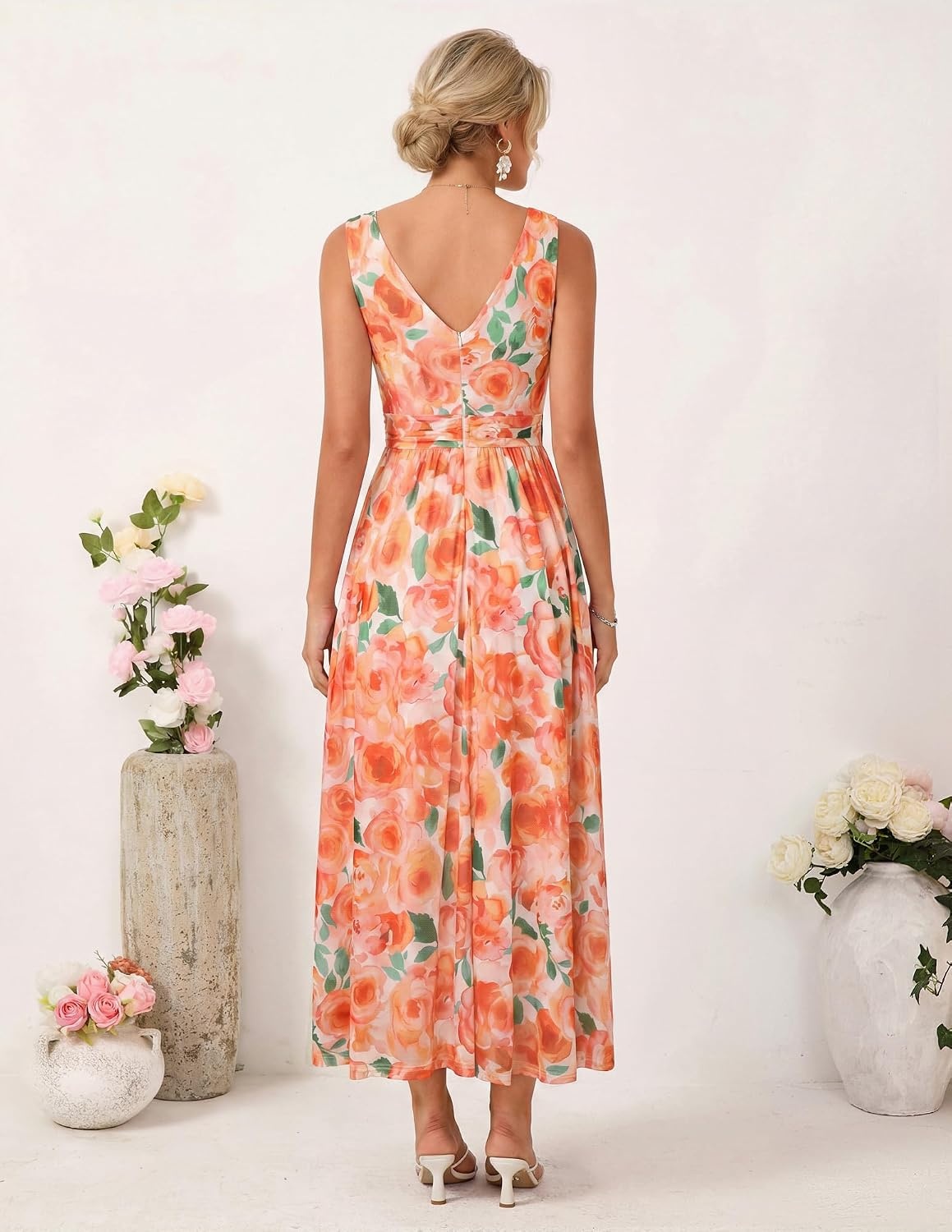 image:imageGRACE KARIN Womens Summer Sleeveless Floral Maxi Dress V Neck Formal Wedding Guest Dress A Line Beach Vacation ClothesOrange Red