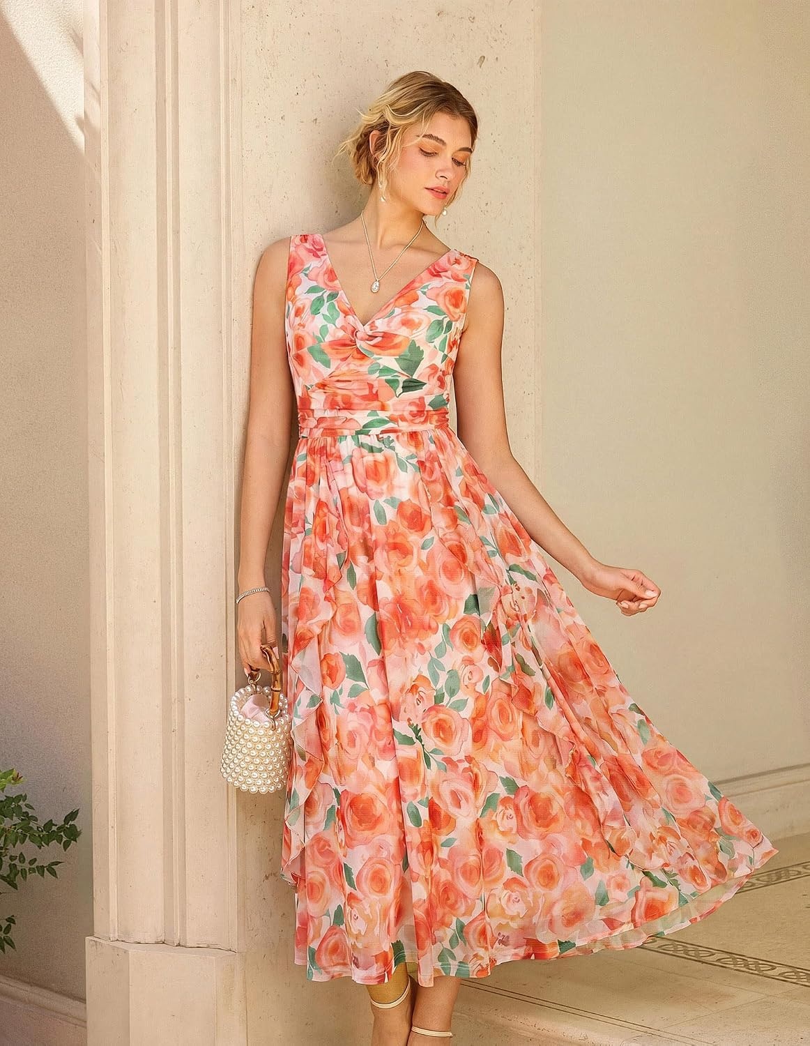 image:imageGRACE KARIN Womens Summer Sleeveless Floral Maxi Dress V Neck Formal Wedding Guest Dress A Line Beach Vacation ClothesOrange Red