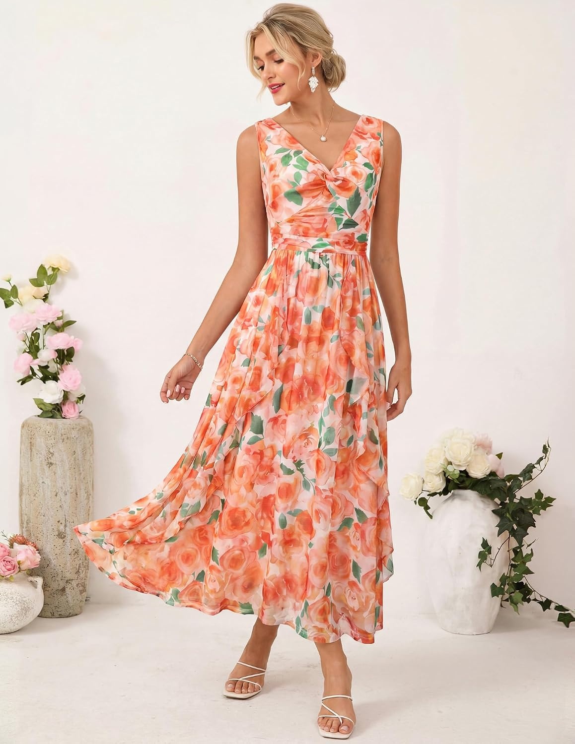 image:imageGRACE KARIN Womens Summer Sleeveless Floral Maxi Dress V Neck Formal Wedding Guest Dress A Line Beach Vacation ClothesOrange Red