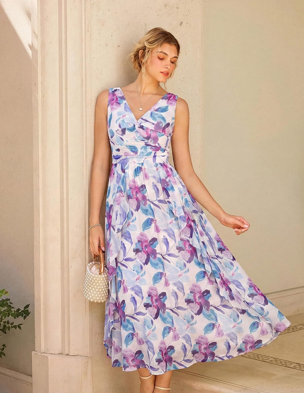 image:imageGRACE KARIN Womens Summer Sleeveless Floral Maxi Dress V Neck Formal Wedding Guest Dress A Line Beach Vacation ClothesPurple