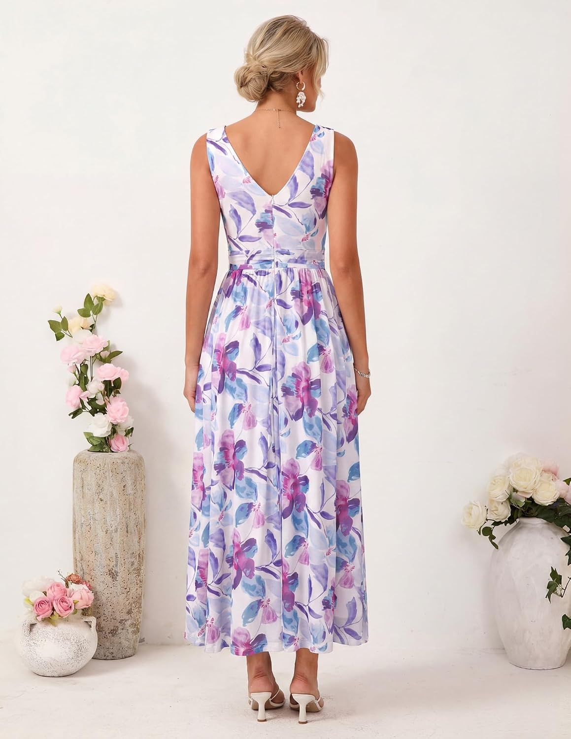 image:imageGRACE KARIN Womens Summer Sleeveless Floral Maxi Dress V Neck Formal Wedding Guest Dress A Line Beach Vacation ClothesPurple