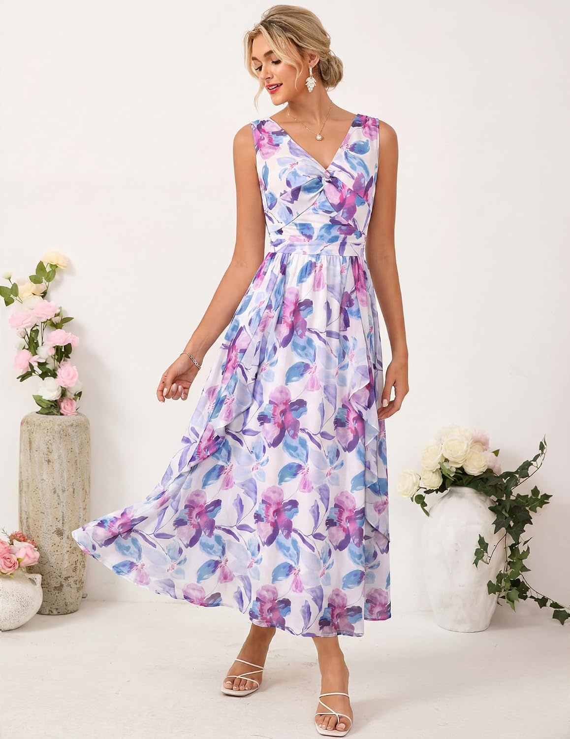 image:imageGRACE KARIN Womens Summer Sleeveless Floral Maxi Dress V Neck Formal Wedding Guest Dress A Line Beach Vacation ClothesPurple