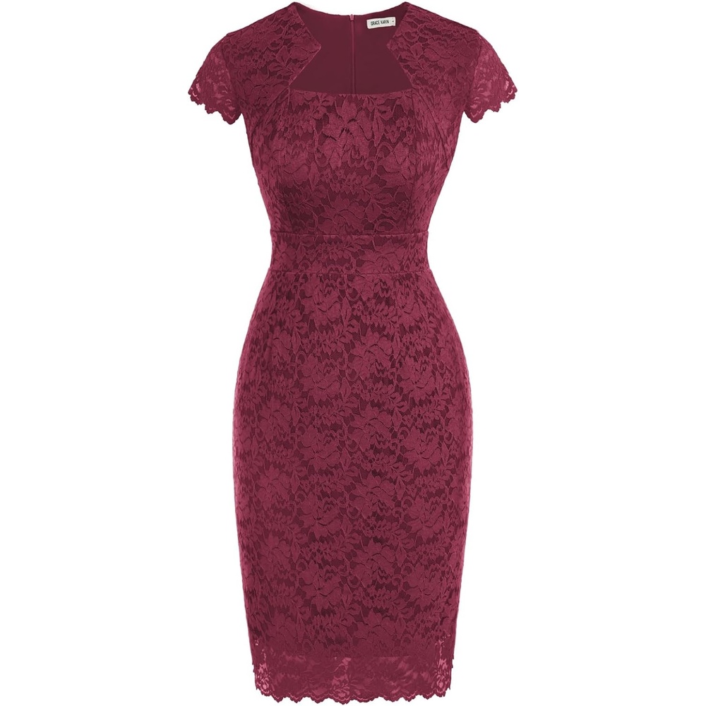 image:imageGRACE KARIN Cocktail Dress for Women Cap Sleeve Lace Dress for Wedding Guest Business Casual DressesBurgundy
