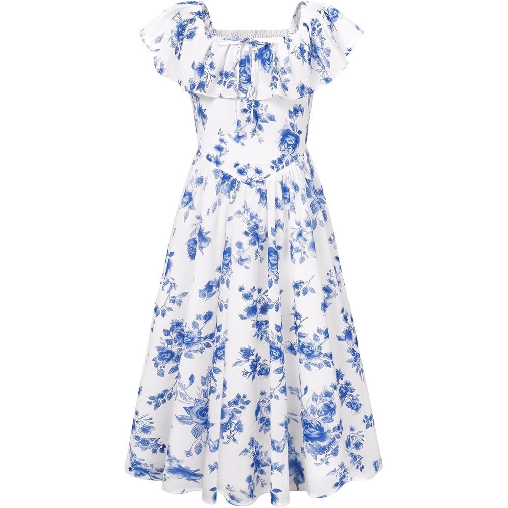 image:imageGRACE KARIN Girls Floral Dress Summer Midi Dress Off Shoulder Ruffle Spring Long DressesBlue Flower