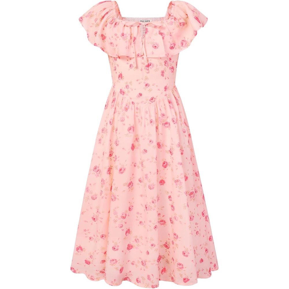 image:imageGRACE KARIN Girls Floral Dress Summer Midi Dress Off Shoulder Ruffle Spring Long DressesPink Flower
