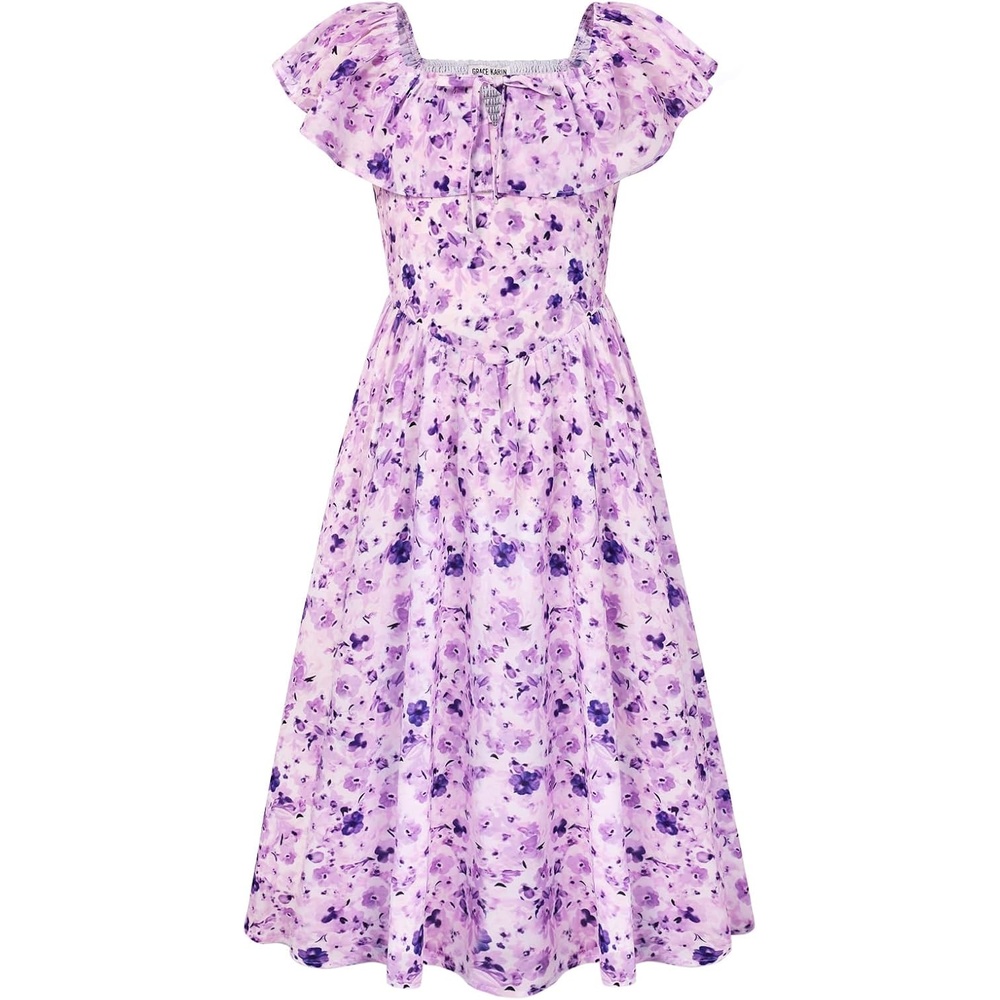 image:imageGRACE KARIN Girls Floral Dress Summer Midi Dress Off Shoulder Ruffle Spring Long DressesPurple Flower
